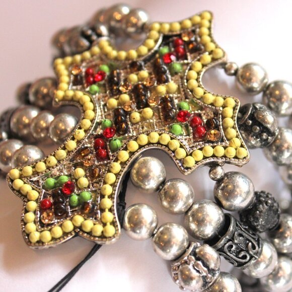 Bohemian Multicolor Crystal Beaded Cross Silver Chunky Wide Stretch Bracelet NWT - Picture 5 of 9